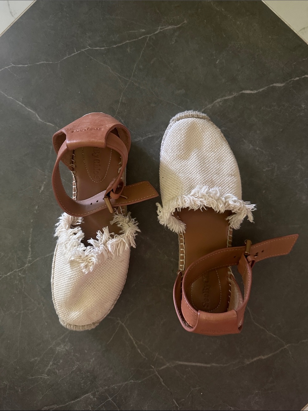 See By Chloe White Canvas and Brown Leather Espadrille Sandals